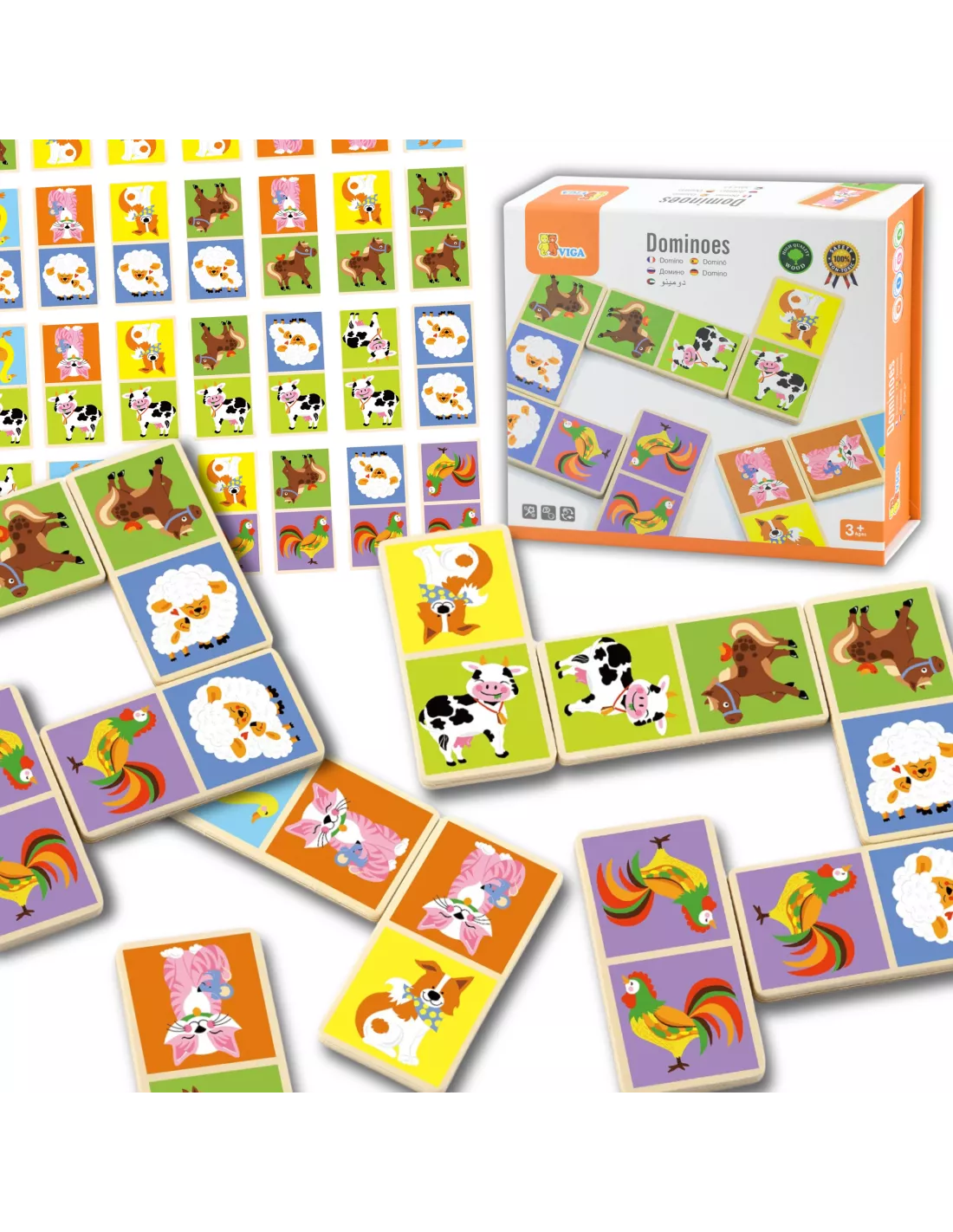 VIGA edukaciniai mediniai domino blokeliai „Farma“ – 28 detalės, Montessori